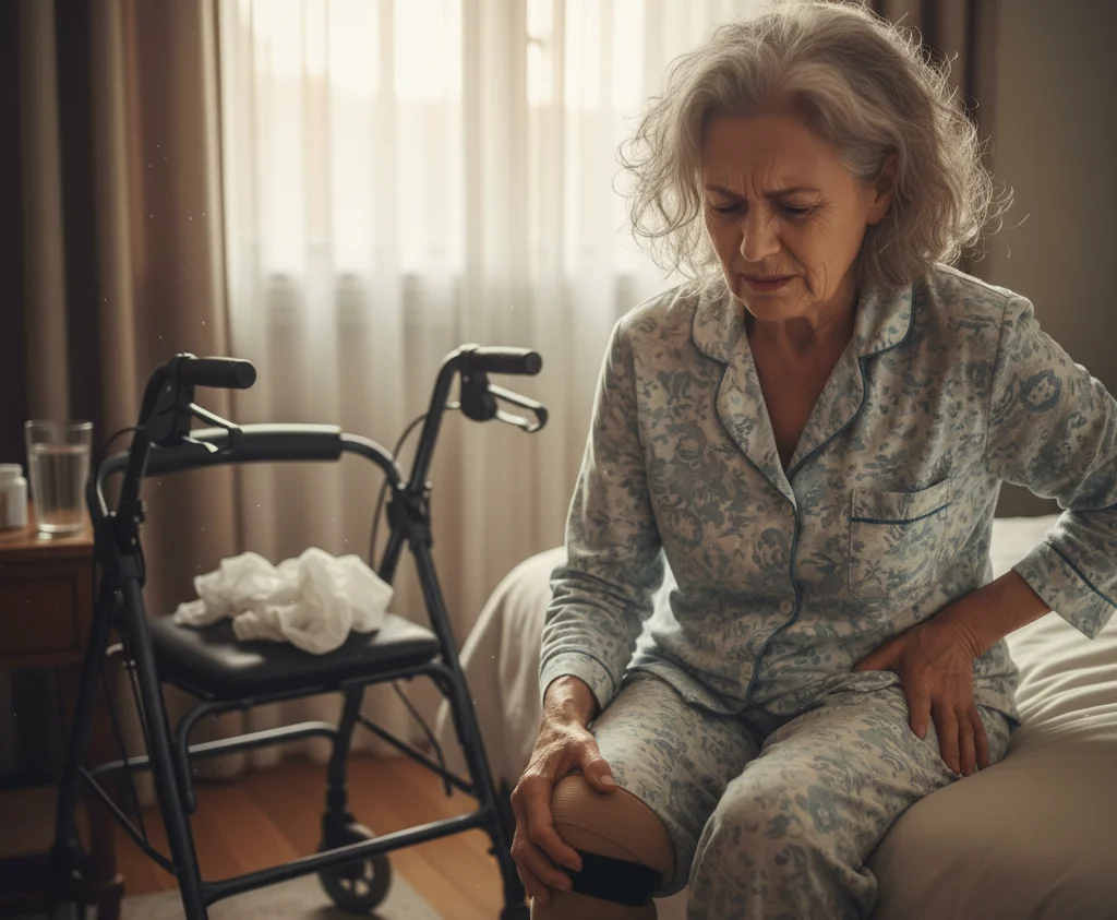 Senior woman near a walker monitoring her health