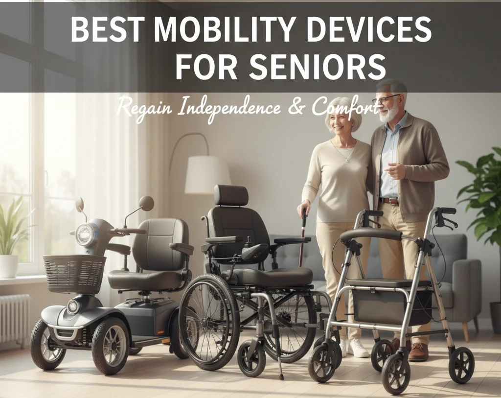 Mobility devices for seniors including wheelchair, scooter, cane, and walker