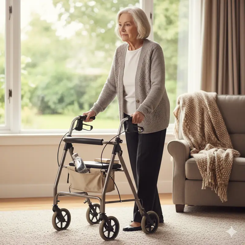 Senior using a walker indoors