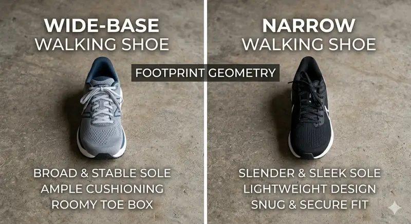 Wide-base walking shoe compared with narrow walking shoe