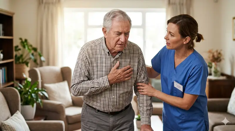 Caregiver supporting an older man with chest discomfort