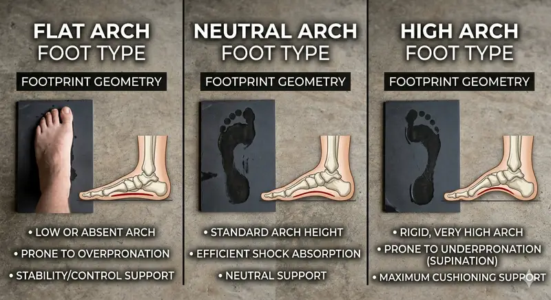 Flat arch, neutral arch, and high arch foot types