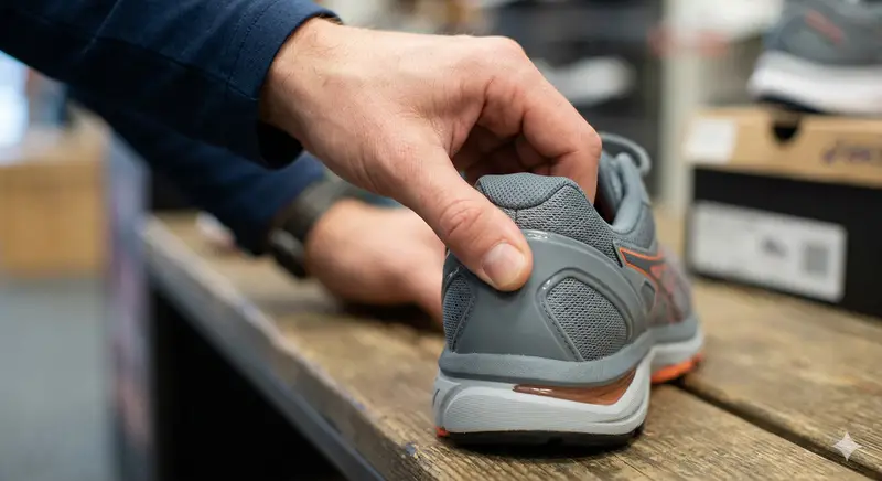 Testing heel counter firmness on walking shoe