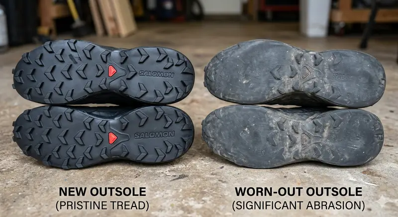 New outsole compared with worn-out outsole