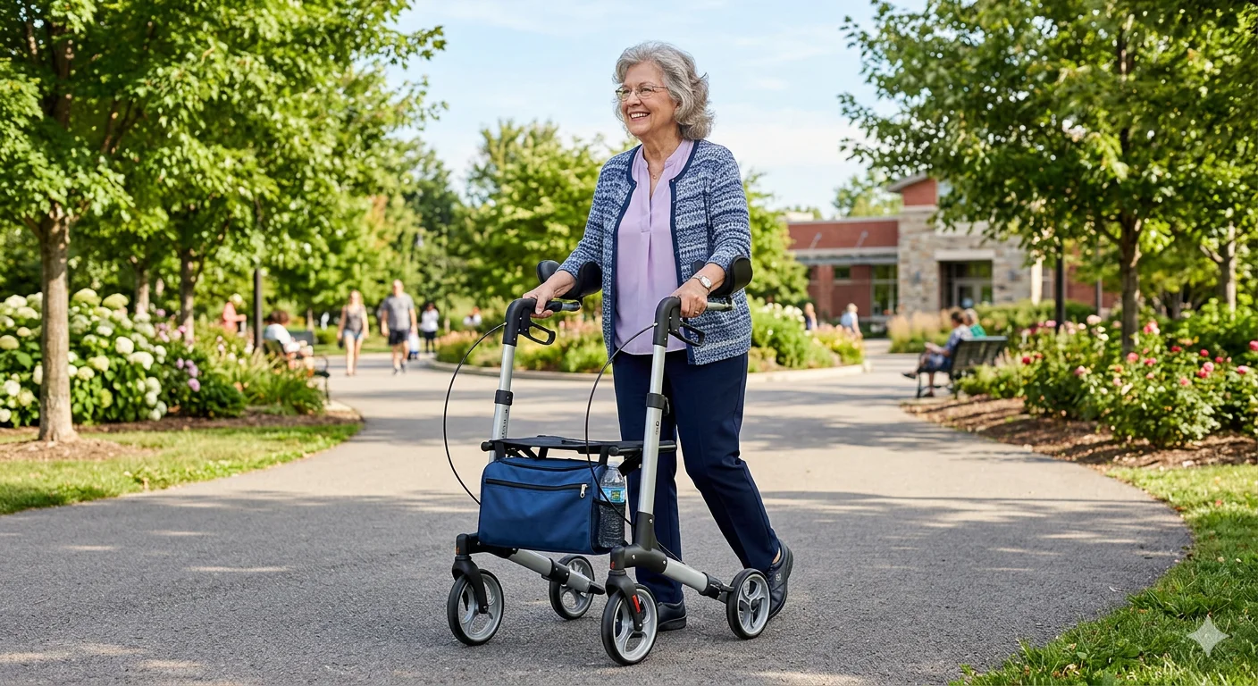 Senior woman walking outdoors with an upright walker