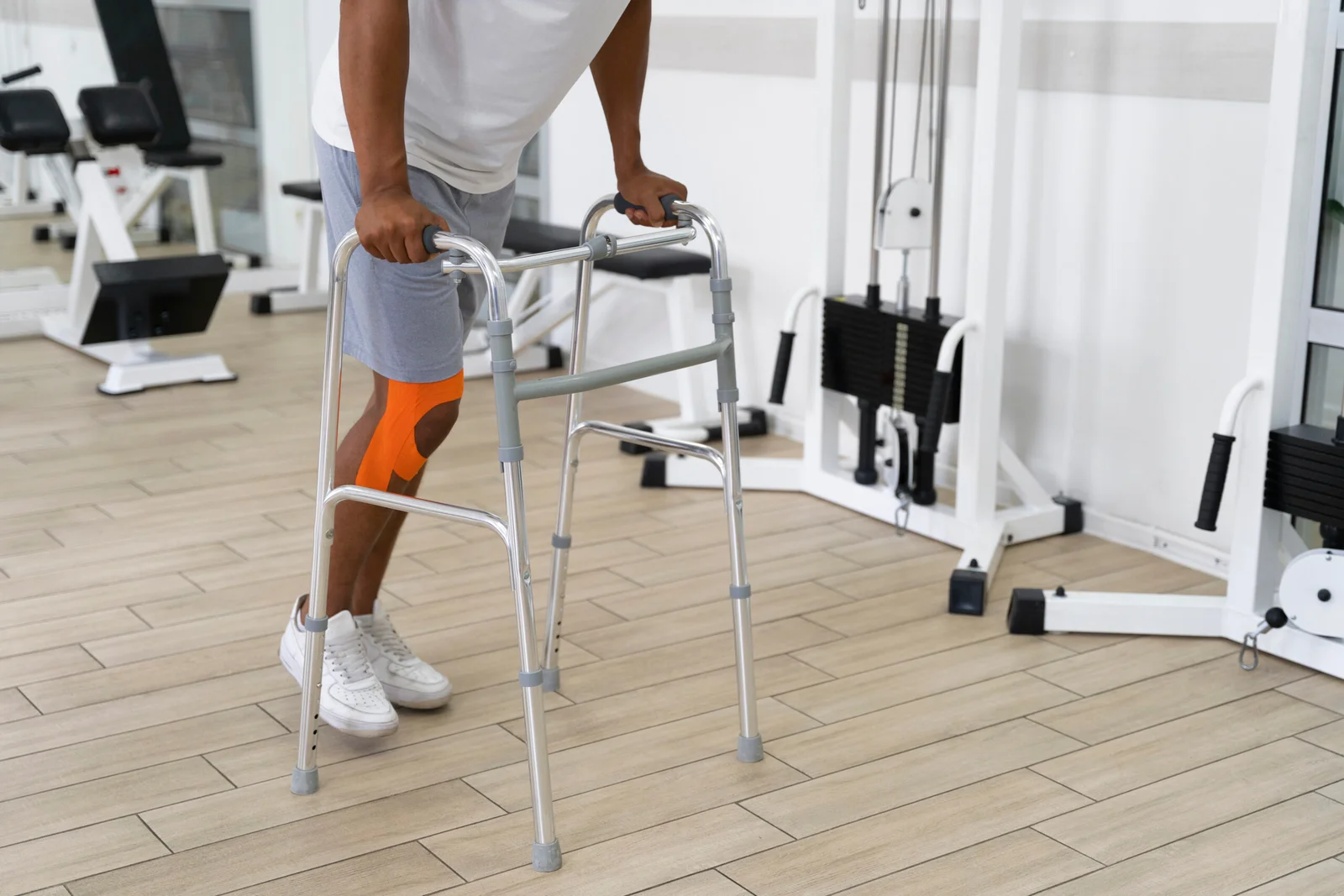 Person using a walker in a rehabilitation room