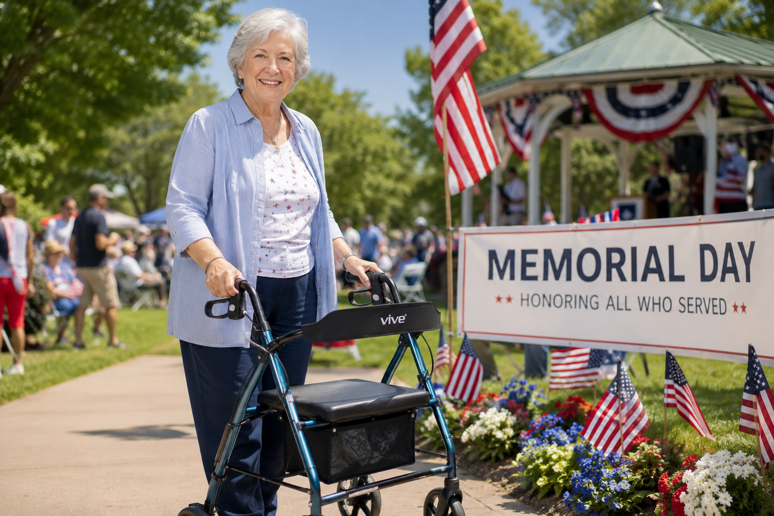 Senior comparing a folding walker and a rollator for Memorial Day travel