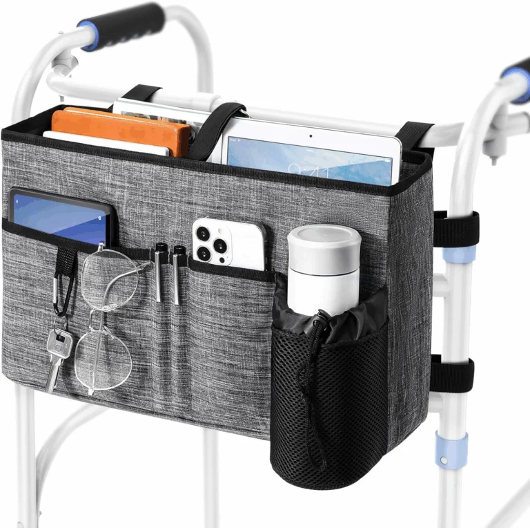 Gray multi-pocket walker bag organizer with tablet and cup holder