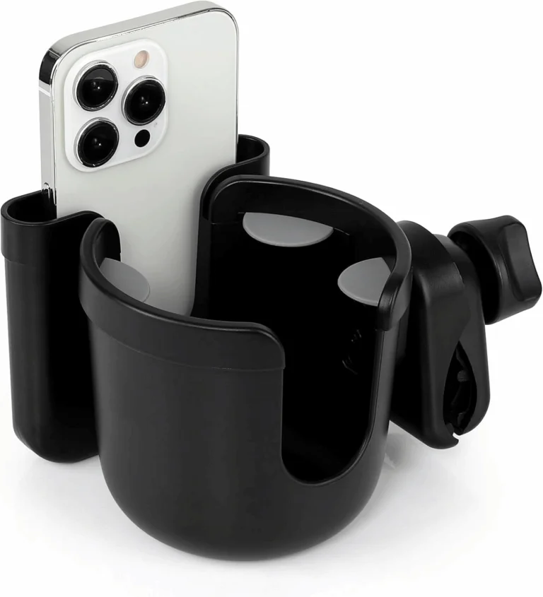 Black cup holder and phone holder combo unit with clamp mount