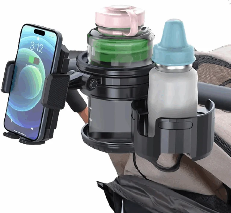 Multi cup holder with phone mount on stroller or walker