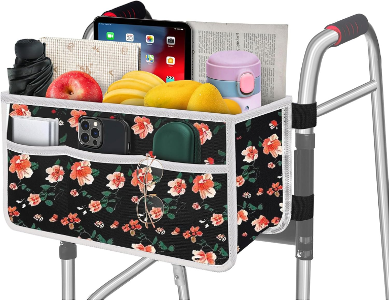 Floral pattern walker bag with food, tablet and phone inside