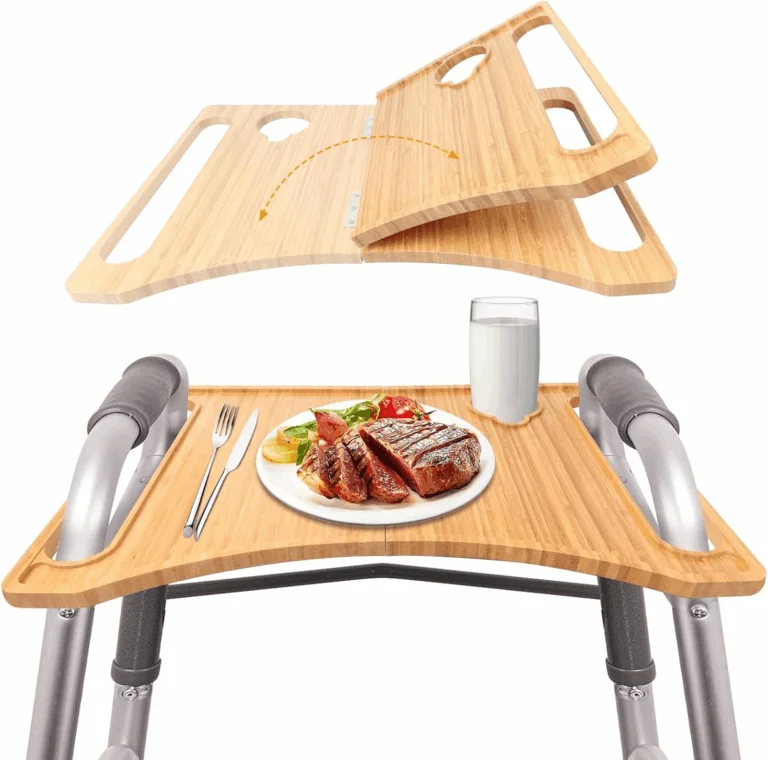 Bamboo wood walker tray table with plate of food and glass of milk