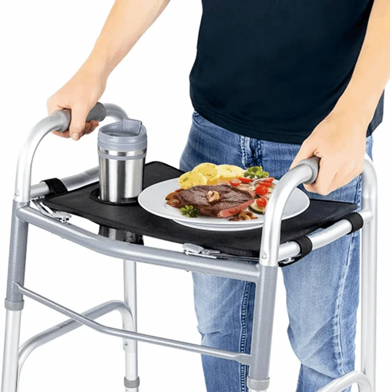 Black fabric walker tray being used to carry meal and thermos