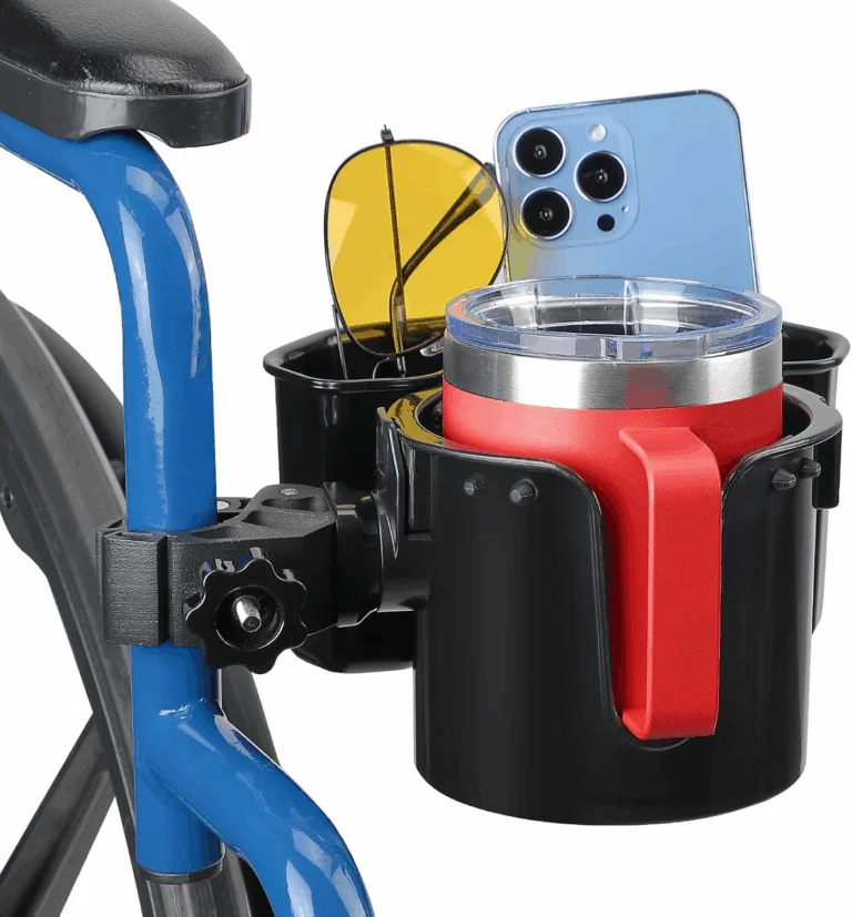 Cup holder and phone holder combo attachment on blue walker