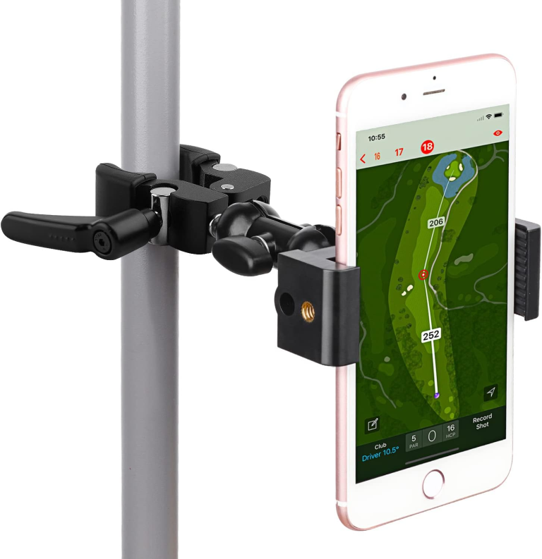 Phone clamp mount attached to walker pole showing golf GPS app