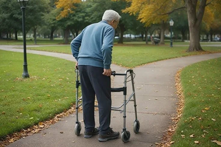 Senior using an upright walker on a park path