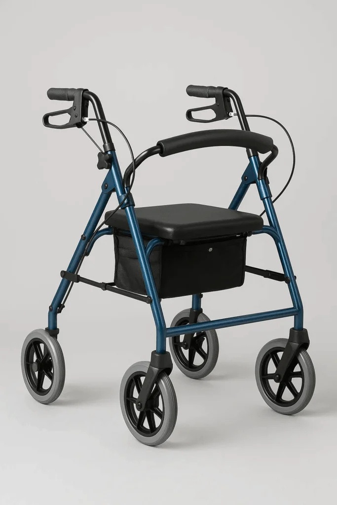 Blue rollator walker with seat, bag, and four wheels